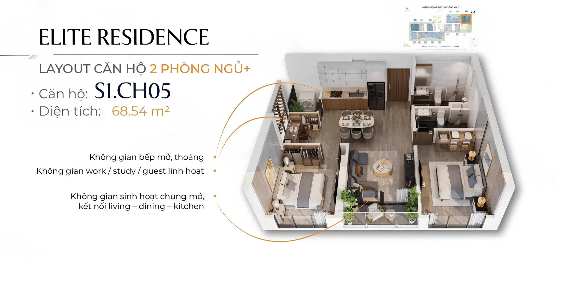 Căn 2 ph&ograve;ng ngủ + ph&ograve;ng kh&aacute;ch nối liền ban c&ocirc;ng k&iacute;nh, kh&ocirc;ng gian sinh hoạt chung rộng tho&aacute;ng.