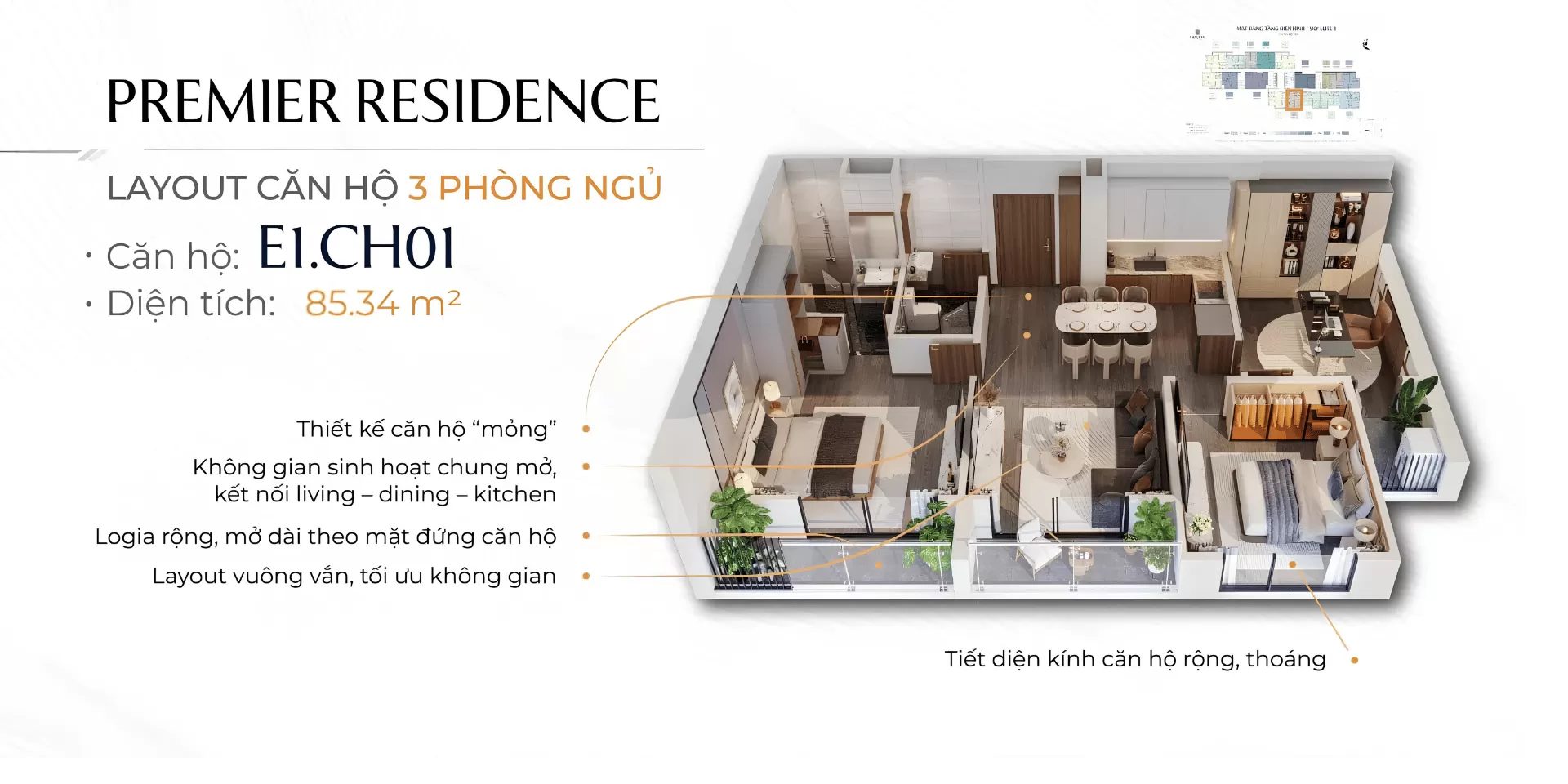 Căn 3 ph&ograve;ng ngủ tầm nh&igrave;n panorama 180 độ, đ&oacute;n trọn &aacute;nh s&aacute;ng tự nhi&ecirc;n v&agrave; gi&oacute; biển.